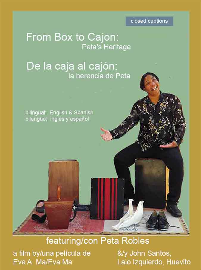image in English and Spanish, of documentary showing black woman sitting on a cajón drum with other musical instruments around her