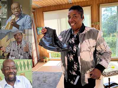 Peta Robles with her zapateo shoes - and on the side, Huevito, John Santos, and Lalo Izquierdo